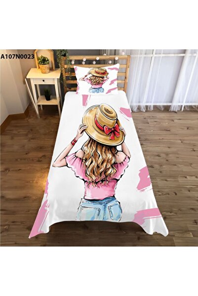 A2ZTR elle çizilmiş genç kadın Desenli Tek Kişilik Yatak Örtüsü ve Yastık kılıfı