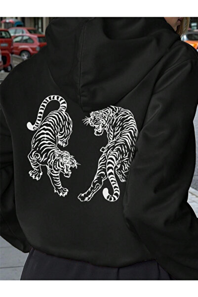 Revasser Unisex Erkek/Kadın KAPLAN Renkli Özel Baskılı Pamuklu Oversize Kapüş...