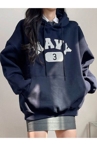Revasser Unisex ανδρικό/γυναικείο φούτερ NAVY 3 χρωμάτων με ειδική στάμπα βαμβακερή κουκούλα