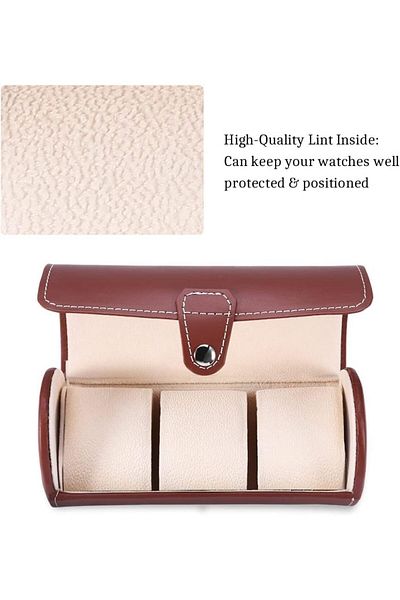 fulina Watch Box,3 Bit Cylindrical Watch Travel Case,Top Grade Pu Jewelry Bracelet Storage Box,Brown
