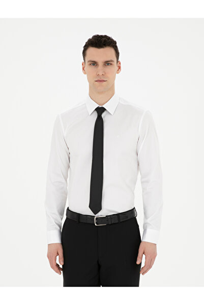 Pierre Cardin Λευκό γυαλιστερό σατέν πουκάμισο με μακριά μανίκια και στενή εφ...