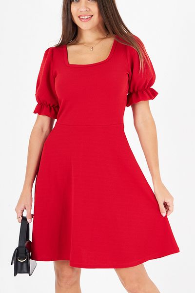 CrazyShopping Red Crepe Women's Dress - Balloon Sleeves and Mini Length