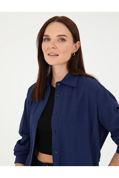 Pierre Cardin قميص طويل الأكمام باللون الأزرق الداكن 50284899 -VR033