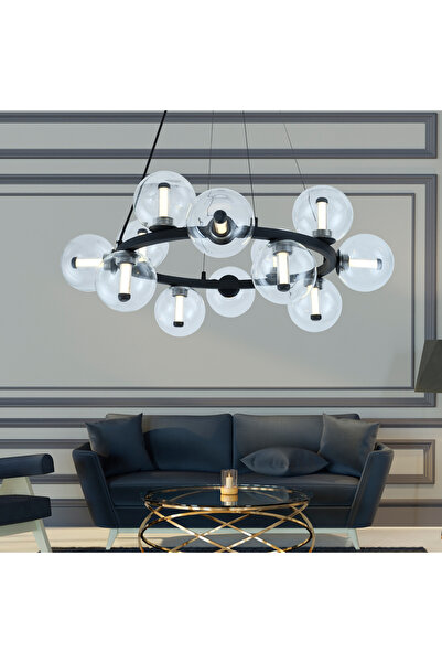 Apliqa Neval 12'li Yuvarlak Siyah 13 Watt Gold Oturma Odası, Salon Sarkıt Avize