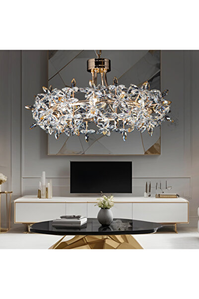 Apliqa Mercan 60'lık Yuvarlak Gold Kristal Taşlı Modern Oturma Odası, Salon A...