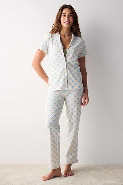 Penti Baumwoll-Pyjama-Set mit blauen Herzen und geknöpftem Hemd