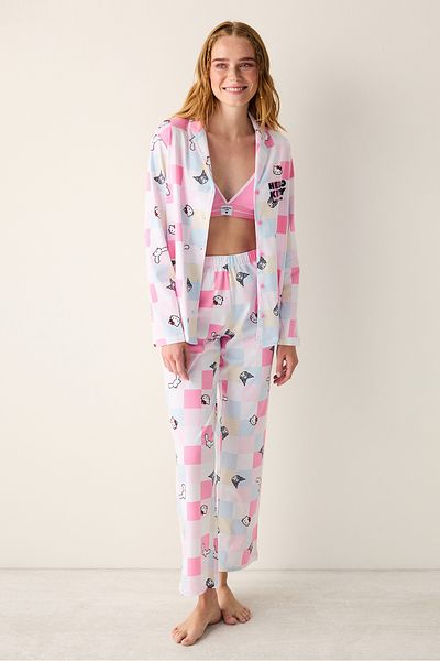Penti Set de pijamale din bumbac Sanrio Gingham, cămașă cu nasturi albi