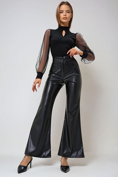 VAGGON Pantaloni negri din piele artificială cu talie înaltă pentru femei Prm1256