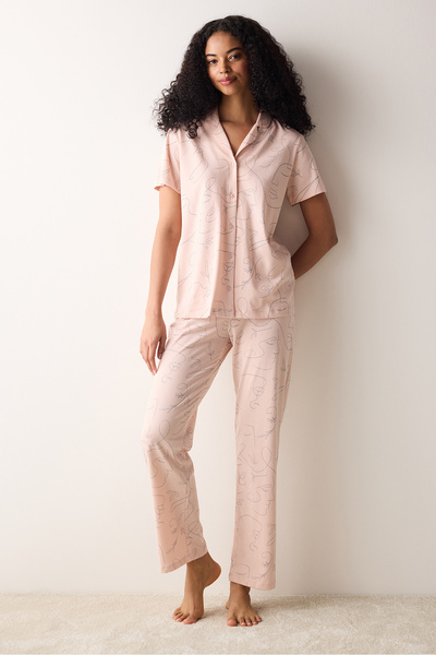 Penti Pamuklu Maise Pink Pembe Düğmeli Gömlek Pantolon Pijama Takımı