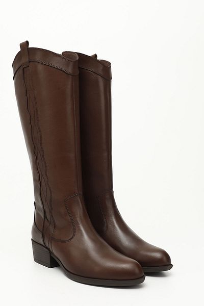 GÖNDERİ(R) Women/Girls Brown Antique Zippered Thick Heeled Genuine Leather Cowboy Boots
