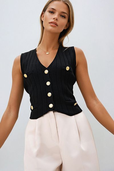 VAGGON Black Gold Buttoned and Pocket Detailed V-Neck Knitwear Women's Vest - Prm1266