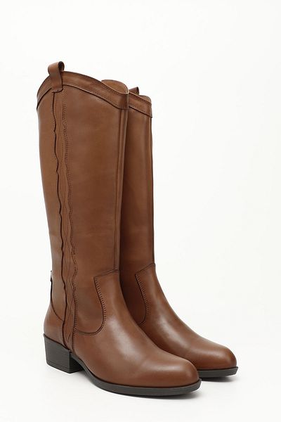 GÖNDERİ(R) Women / Girls Tan Antique Zippered Thick Heeled Genuine Leather Cowboy Boots