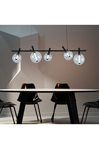 Apliqa Neval 5'li Sıralı Siyah  Gold 7 Watt Yemek Masası Üstü, Salon Sarkıt A...