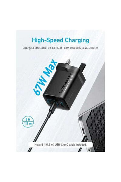 Anker 336 67W Wall Charger, Dual PD, 3-in-1 Charging Port, Active Shield 2.0, GaN Technology, Black