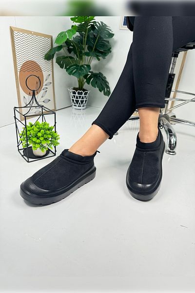 İmerShoes Καθημερινές γυναικείες μπότες Μαύρες χοντρές γόβες με μοτίβο σόλα με γούνα εσωτερικά ρυθμιζόμενο ελαστικό μποτάκι 357