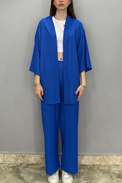 Tam Moda Saks Blue Kimono and Palazzo Trousers Set - Women