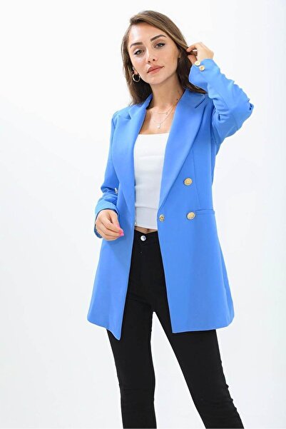 VAPUR TEKSTİL Atlas Fabric Women's Blazer Jacket with Padded Shoulders and Snaps on the Front - Blue