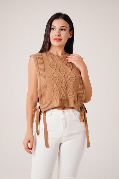 Hipo Trend Camel Color Side Tie Knitwear Sweater