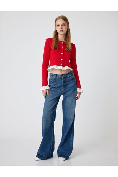 Koton Crew Neck Slim Fit Crop CarDigan - ButtoneD anD Ruffle Detail