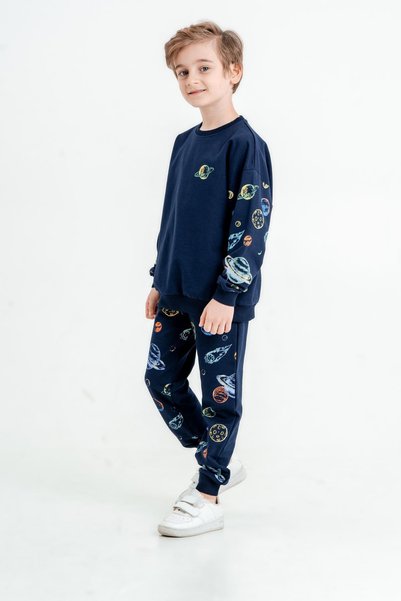 Mışıl Kids Planet Printed Crew Neck Bottom Top Children's Tracksuit Set