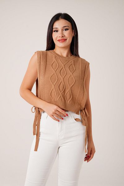 Hipo Trend Camel Color Side Tie Knitwear Sweater