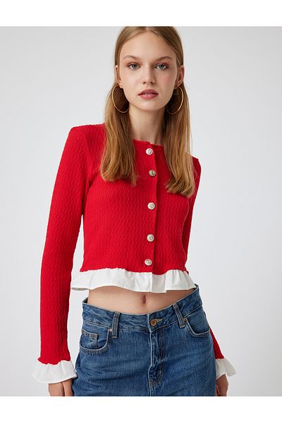 Koton Crew Neck Slim Fit Crop CarDigan - ButtoneD anD Ruffle Detail