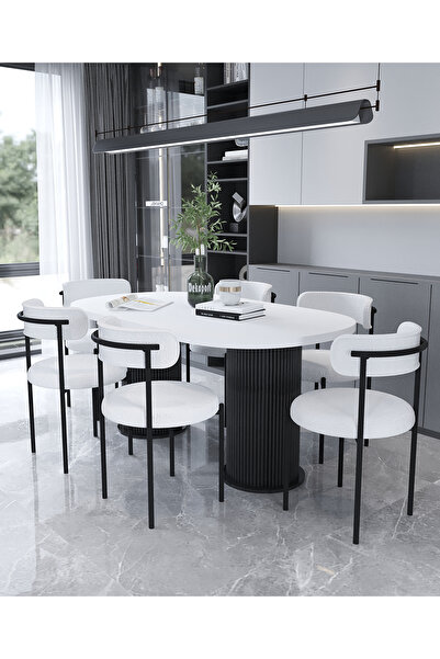 Dekoport Eylül Masa Sandalye Takımı Yemek Masası 6 Sandalye Teddy-Bukle Kumaş...