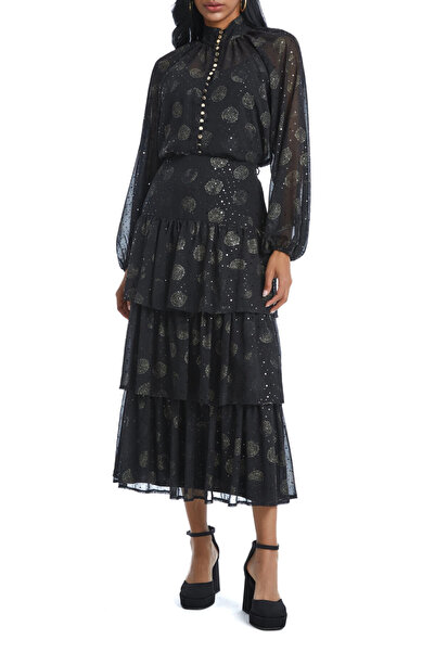 SERPİL Simli Daire Desenli Şifon Uzun Kollu Kat Kat Etekli Siyah Takım 38945
