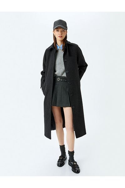 Koton Belted Buttoned Classic Collar Pocket Detailed Lined Cashmere Coat