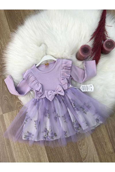 Retro Women Fata Copil Liliac Mov Floral Maneca Lunga Tutu Cadou Ziua Speciala Rochie de Seara de Ziua de nastere Rochie Printesa Chic