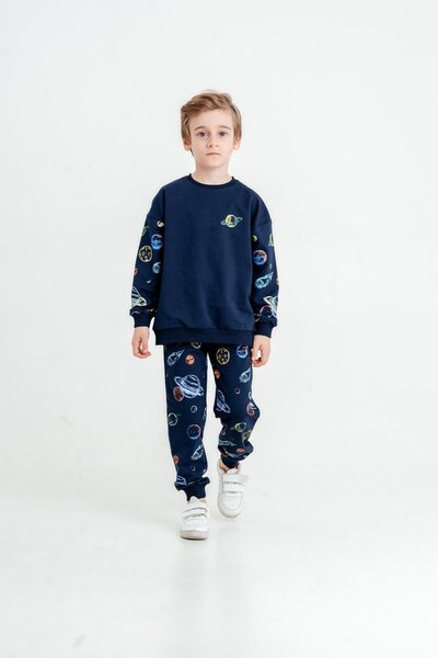 Mışıl Kids Planet Printed Crew Neck Bottom Top Children's Tracksuit Set