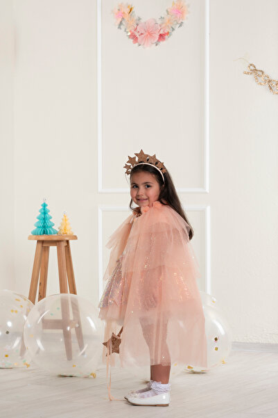 DUCA Somon Renkli Ponpon Yakalı Kız Çocuk Pelerin / 3-10 Yaşlar