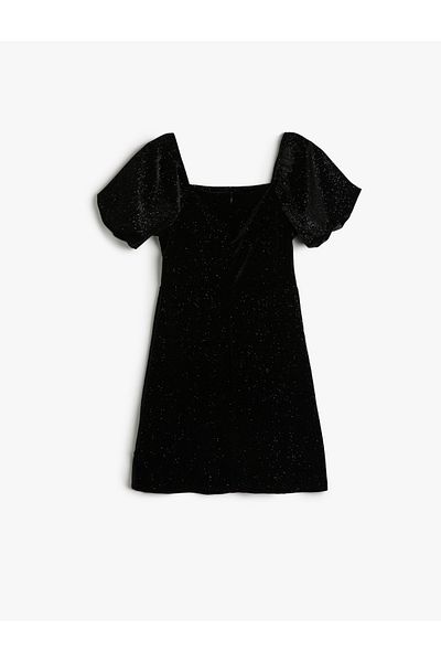 Koton Glitter Λεπτομερές μανίκι μπαλόνι μαύρο φόρεμα για κορίτσια 5wkg80006ak