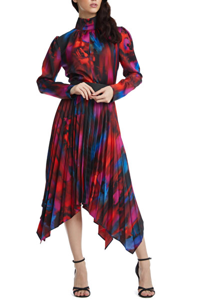 SERPİL Asimetrik Kesim Pilise Etekli Deri Kemer Detaylı Desenli Midi Boy Kırm...