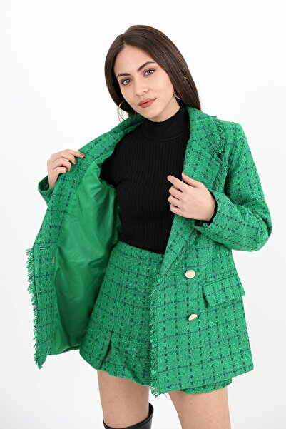 VAPUR TEKSTİL Buttoned Tweed Blazer Jacket with Tassel Collar - Green