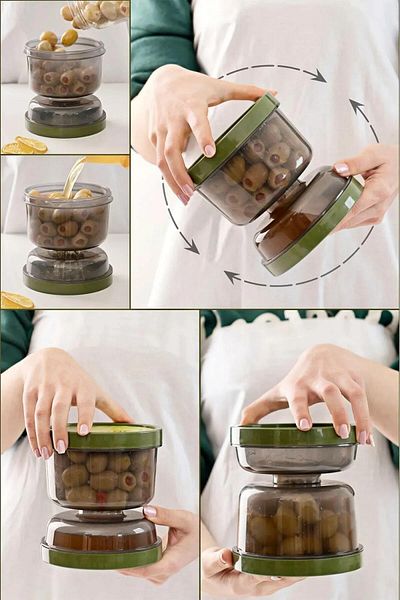 noirsecret Double Sided Olive Bowl with Strainer and Lid - Juice Filtered Olive Pickles Storage Container