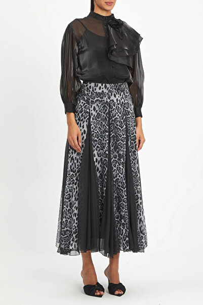 SERPİL Leopar Desenli Şifon Katmanlı Uzun Volanlı Gri Etek 40472