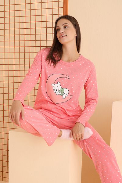 NBB Winnie Printed Cotton Pajamas Set for Women - Round Neck, Long Sleeve, Pomegranate Flower Pattern
