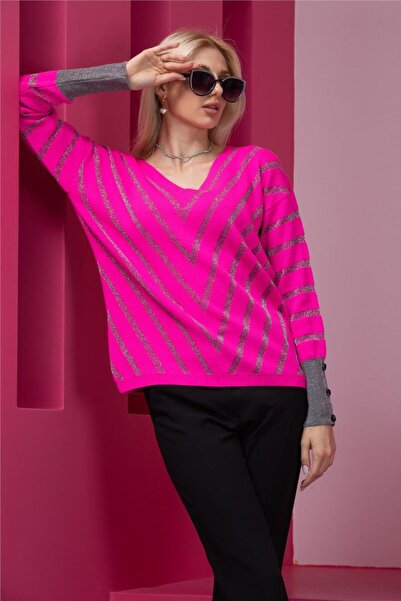 BERNE Women's Fuchsia Glitter V-Neck Sweater