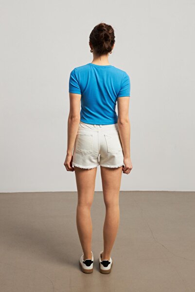 yourname collection Beyaz Beli Lastikli Denim Şort