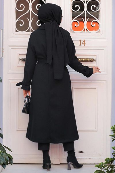 Neva Style Belted Black Stamped Hijab Coat 61251S