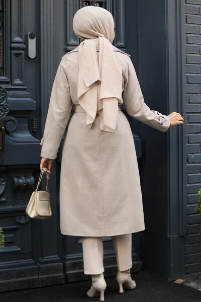 Neva Style Beige Stamped Hijab Coat - Belted, Model 61210Beige