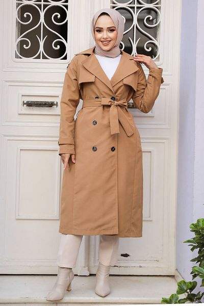 Neva Style Καμπαρντίνα μπισκότου με ζώνη Hijab - 61261BS
