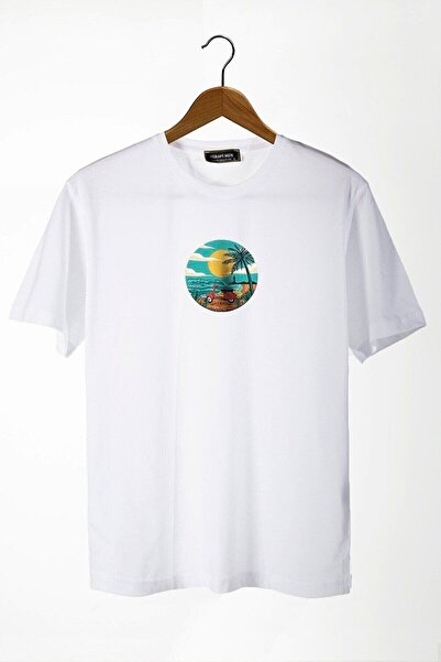 donamod تي شيرت رجالي أبيض اللون بياقة دائرية مقاس كبير مع طبعة سكوتر على الج...