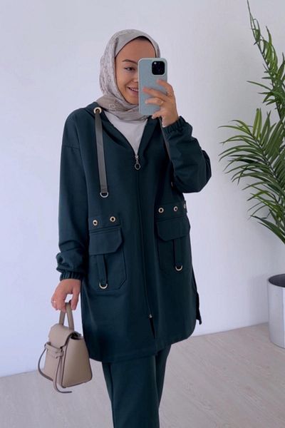 Ka Hijab Emerald Eyelet Detailed Hooded Two Thread Set