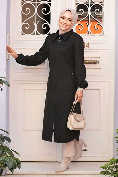 Neva Style Capac din piele intoarsa Hijab neagra cu fermoar 4438S