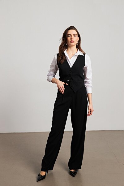 YOUR NAME Yüksek Bel Pileli Siyah Kadın Palazzo Pantolon