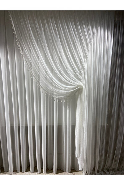 Fashion Pearl Moda Inci Perde,Çizgili Tek Toplama Boncuklu Kruvaze Perde