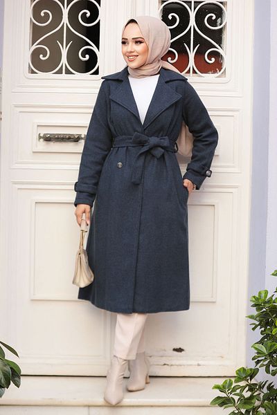 Neva Style Belted Navy Blue Stamped Hijab Coat 61210L