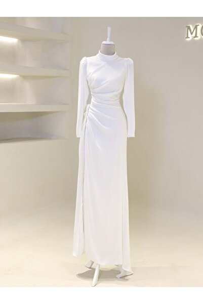 Hennin 24y4749 فستان سهرة من الساتان باللون الأبيض - تفاصيل جانبية - 42